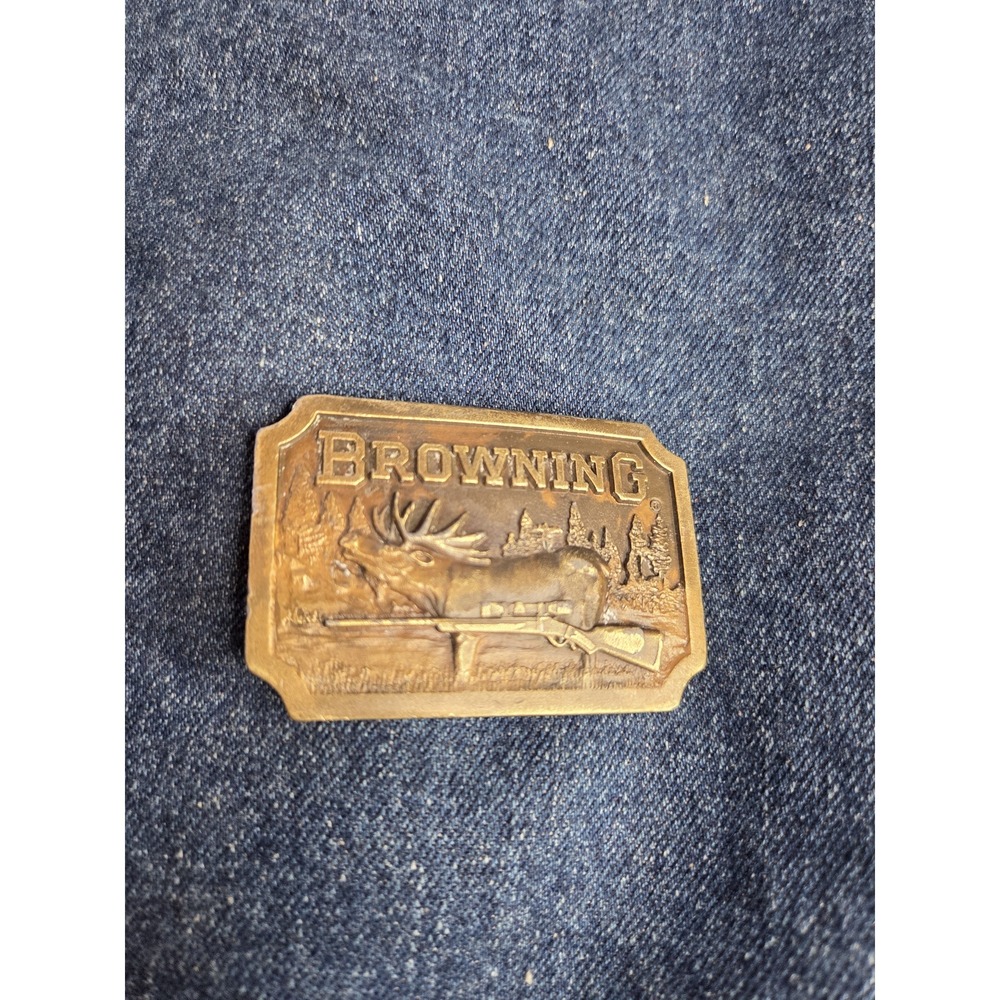1977 Vintage Solid Brass Browning Co Elk Rifle Belt Buckle